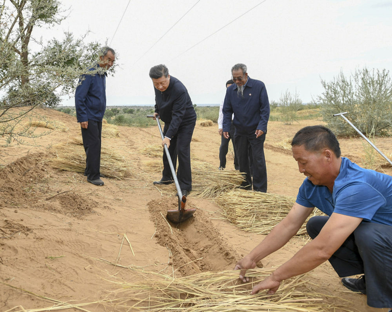 2019年8月21日,习近平总书记在甘肃武威市古浪县八步沙林场,和林场职工一起翻沙开沟。
